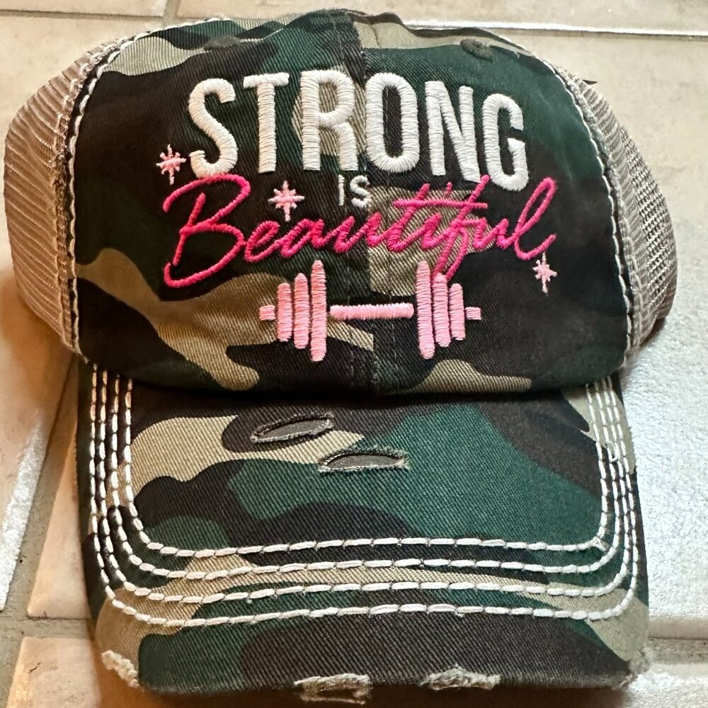 NWT KBETHOS Camo Distressed Mesh Strong is Beautiful Cap with adjustable closure